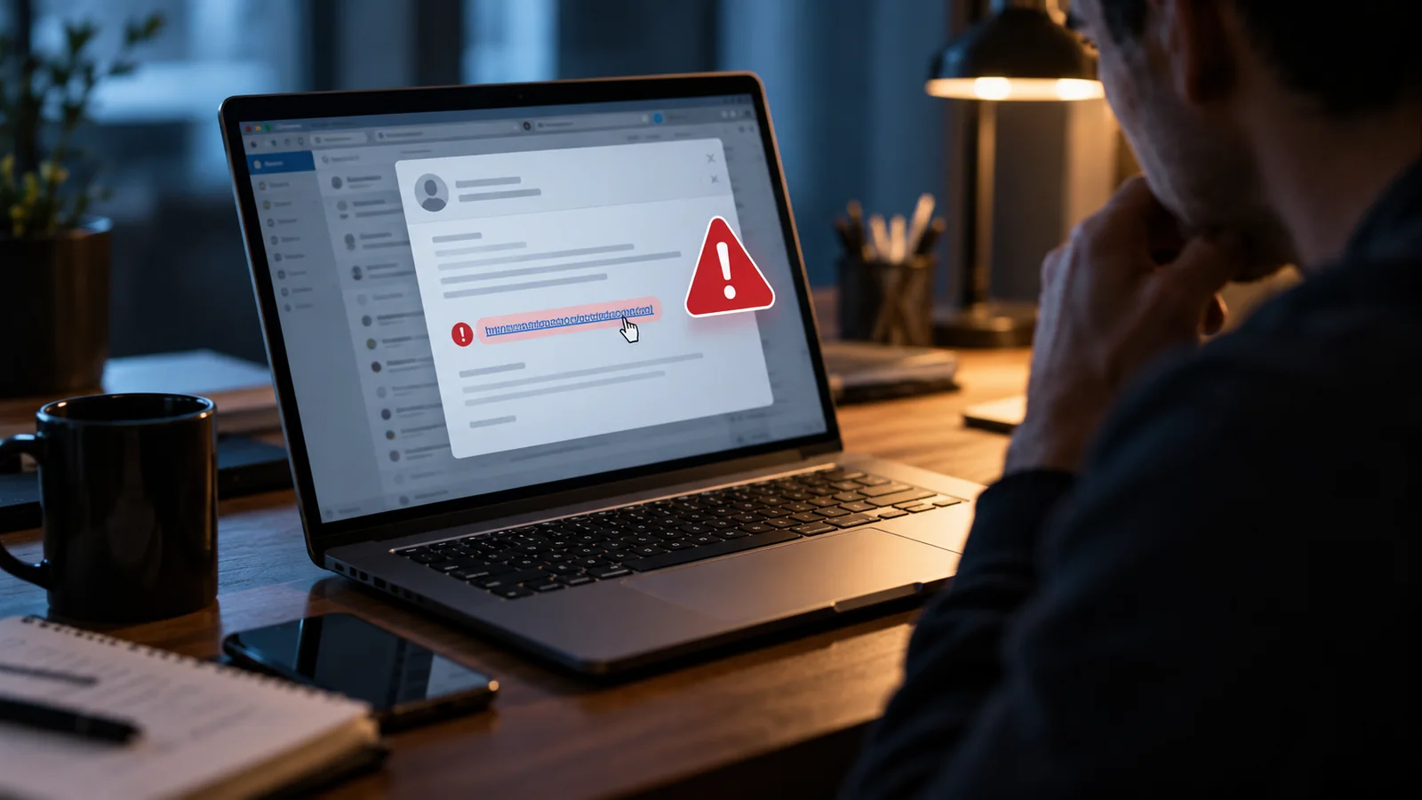Phishing warning displayed over a suspicious email link