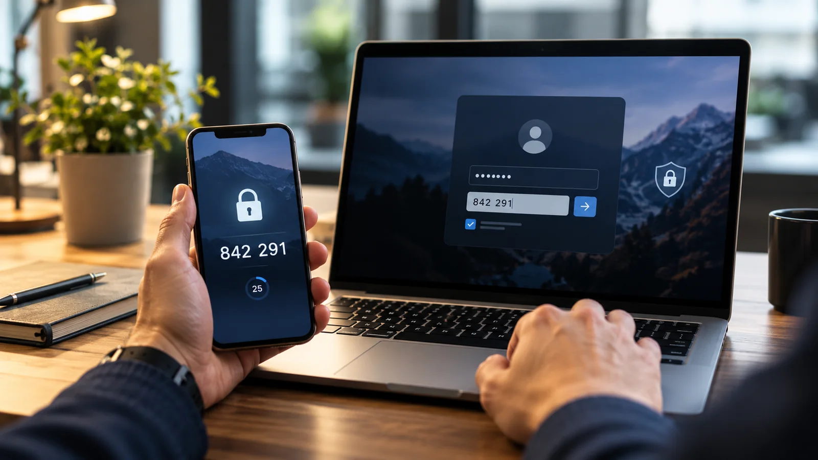 Two-factor authentication code displayed on a phone beside a laptop login